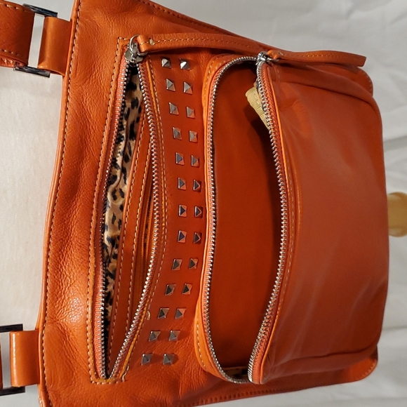 Genuine orange leather crossbody purse w silver colorr accessory. - Picture 2 of 5